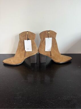 MANGO Brown Suede Leather Western Ankle Boots US 9.5 Euro 41 Cowboy Block Heel
